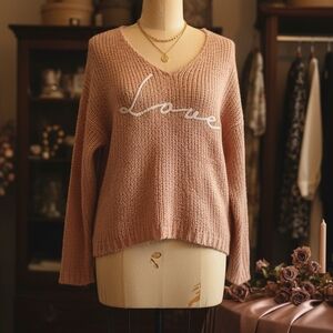 Elan Blush V-Neck Sweater with Script